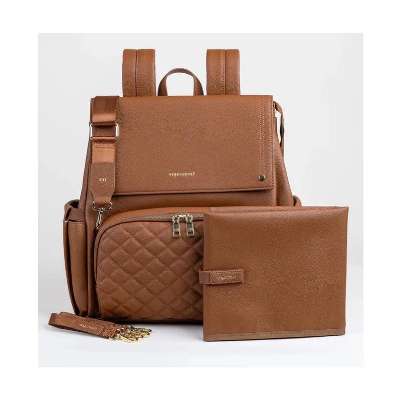 Luna Diaper Bag in autumn brown with quilted detail, detachable changing pad, and gold hardware accents.