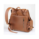 Brown leather Luna Diaper Bag by Enya Mond, showcasing multiple pockets and adjustable straps for functionality.