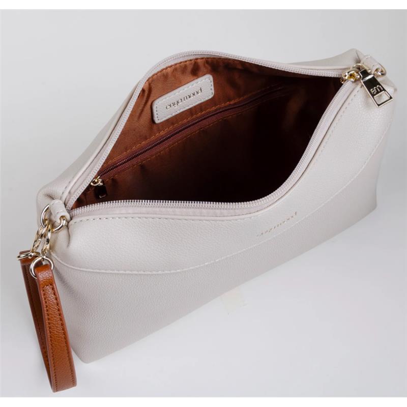 Light beige Enya Mond Nova bag with a brown interior, featuring a zip closure and a leather wrist strap.