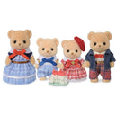 Biscuit Bear Family from Epoch Calico Critters, featuring four bears in colorful outfits and a small toy house.