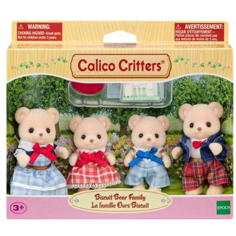Biscuit Bear Family set from Calico Critters featuring four plush bear figures in colorful outfits, displayed in a scenic background.