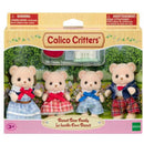 Biscuit Bear Family set from Calico Critters featuring four plush bear figures in colorful outfits, displayed in a scenic background.