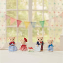 Biscuit Bear Family from Epoch Calico Critters, featuring four bear figures dressed in colorful outfits and accessories.
