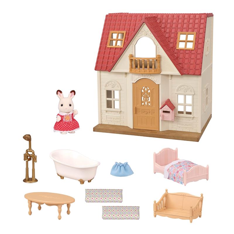 Epoch Calico Critters Red Roof Home Cozy Cottage 2026 Edition dollhouse with furniture and a bunny figure.