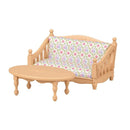 Sofa with floral-patterned cushions and a matching oval coffee table, designed for the Epoch Calico Critters dollhouse.