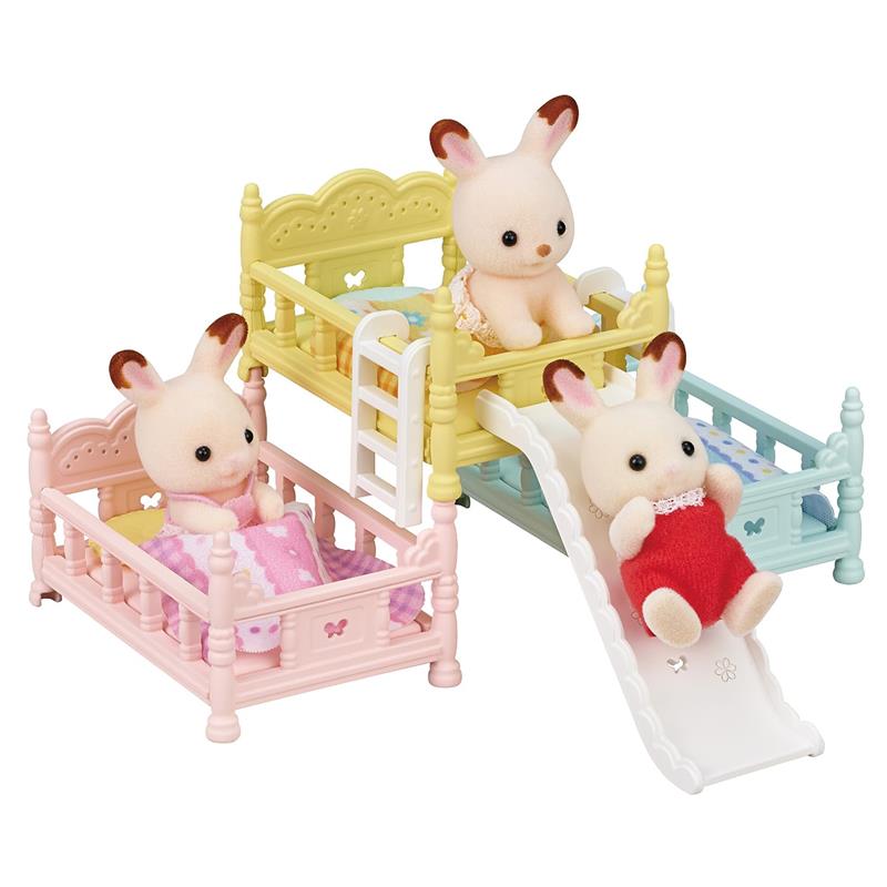 Calico Critters Triple Bunk Beds Set featuring three beds with plush bunny figures, including a slide and accessories.