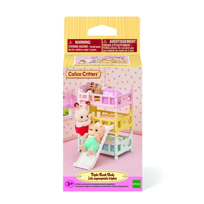 Calico Critters Triple Bunk Beds Set featuring three colorful beds and two plush critters playing with a slide.