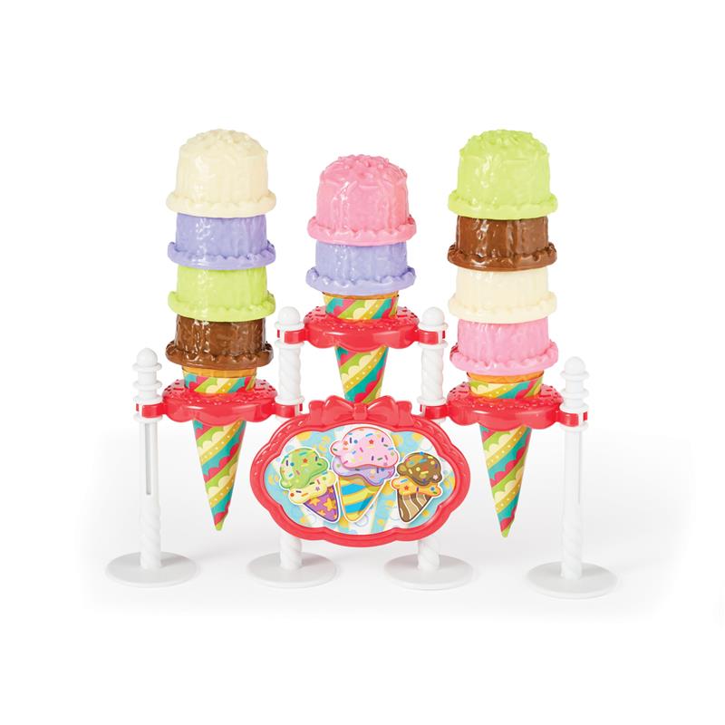 Epoch Just Imagine Ice Cream Party Playset featuring colorful ice cream cones stacked with a decorative sign displaying various flavors.