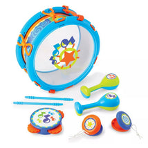 Colorful beginner drum set including a large blue drum, two maracas, a tambourine, and accessories for young children.