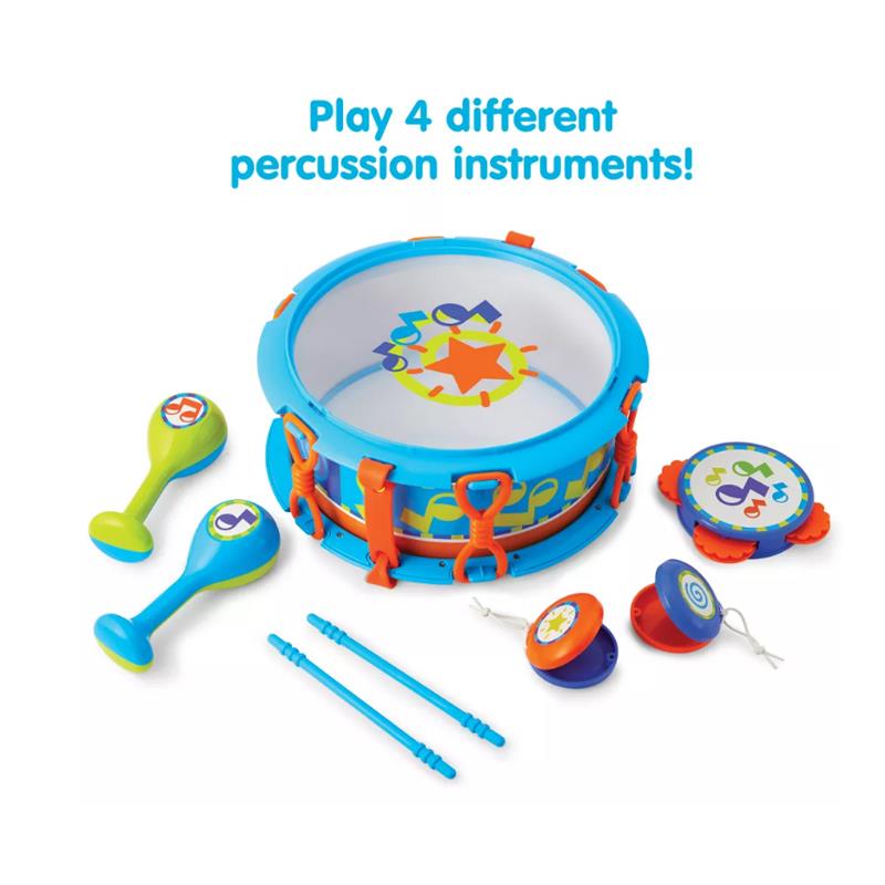 Colorful Epoch My First Drum Set includes a large drum, two maracas, a tambourine, and sticks, promoting musical play.