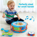 Young child playing with the Epoch My First Drum Set, featuring a colorful drum and two maracas, emphasizing fun and music for little hands.