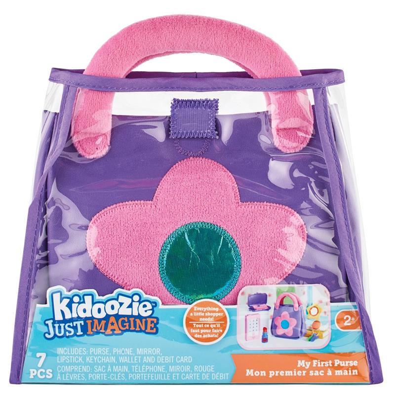 Purple toddler purse playset with a flower design, includes phone, mirror, keychain, wallet, and debit card. Recommended for ages 2+.