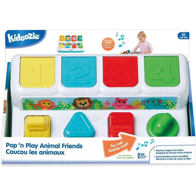 Interactive shape sorter toy featuring bright colors, animal graphics, and buttons for learning shapes and colors.
