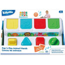 Interactive shape sorter toy featuring bright colors, animal graphics, and buttons for learning shapes and colors.