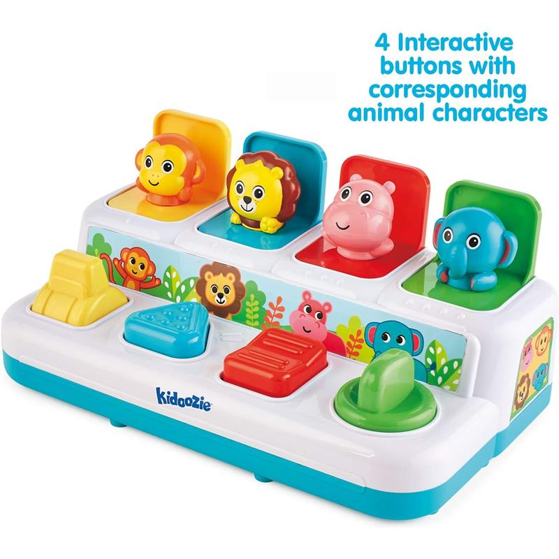 Interactive toy featuring four colorful animal buttons: monkey, lion, hippo, and elephant, designed for playful learning.