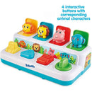 Interactive toy featuring four colorful animal buttons: monkey, lion, hippo, and elephant, designed for playful learning.
