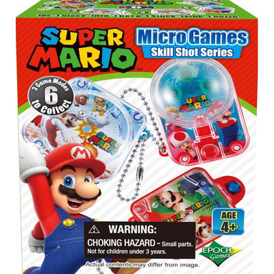Epoch Super Mario Blind Box Skillshot Game Series packaging featuring Mario, three skillshot games, and a warning for small parts.