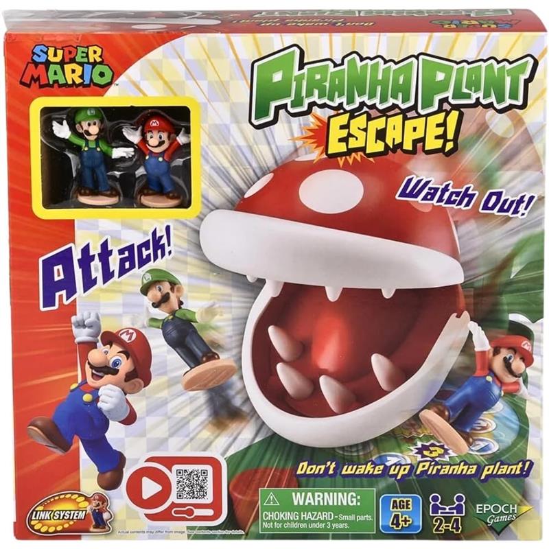 Super Mario Piranha Plant Escape! game box featuring Mario and Luigi figures, and a large Piranha Plant with an open mouth.