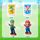 Figures of Yoshi, Toad, Luigi, and Mario from Super Mario, showcasing their iconic colors and expressions against a colorful background.