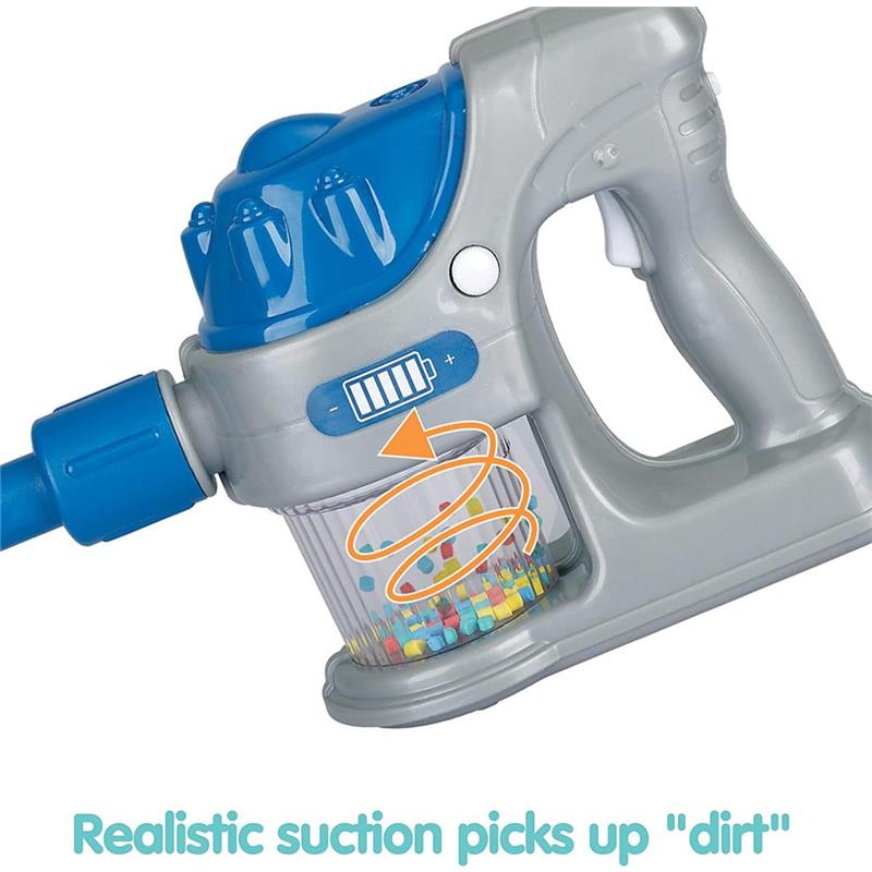 Tidy Vacuum Duo in blue and gray, features a transparent dust container with colorful beads, indicating realistic suction power.