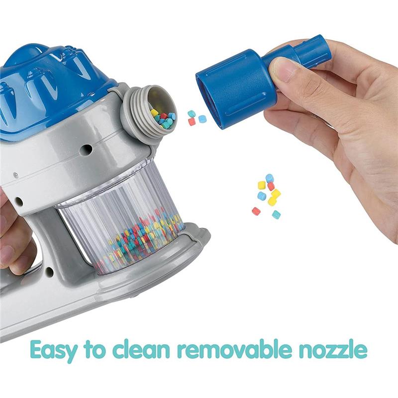 Tidy Vacuum Duo with blue removable nozzle being emptied; colorful cleaning beads scattered nearby.