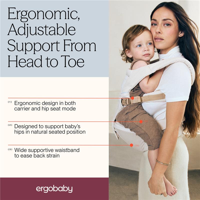 Ergobaby Alta Hip Seat Baby Carrier in natural beige, featuring a child comfortably seated, highlighting ergonomic design and supportive waistband.