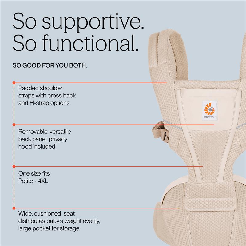 Ergobaby Alta Hip Seat Baby Carrier in natural beige, featuring padded straps, removable back panel, and large pocket for storage.
