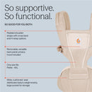 Ergobaby Alta Hip Seat Baby Carrier in natural beige, featuring padded straps, removable back panel, and large pocket for storage.