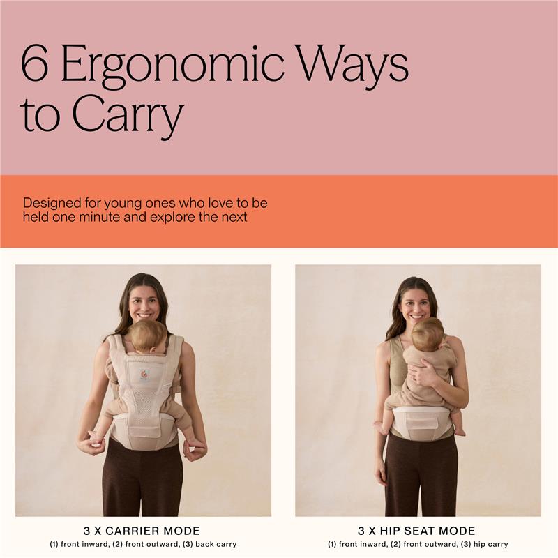 Ergobaby Alta Hip Seat Baby Carrier in natural beige, showing two carry modes: front inward and hip carry with a toddler.