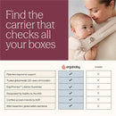 Ergobaby Alta Hip Seat Baby Carrier displayed with a mother holding a baby, featuring key product benefits and comparisons.