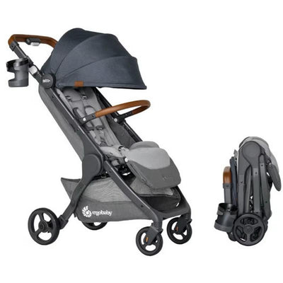 Ergobaby Metro+ Deluxe Compact Baby Stroller in London Grey, featuring a foldable design, large canopy, and wooden handle.