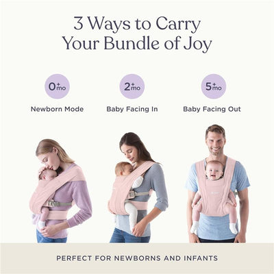 Ergobaby Embrace Newborn Baby Carrier in blush pink, demonstrating three carrying modes with a mother and father holding infants.