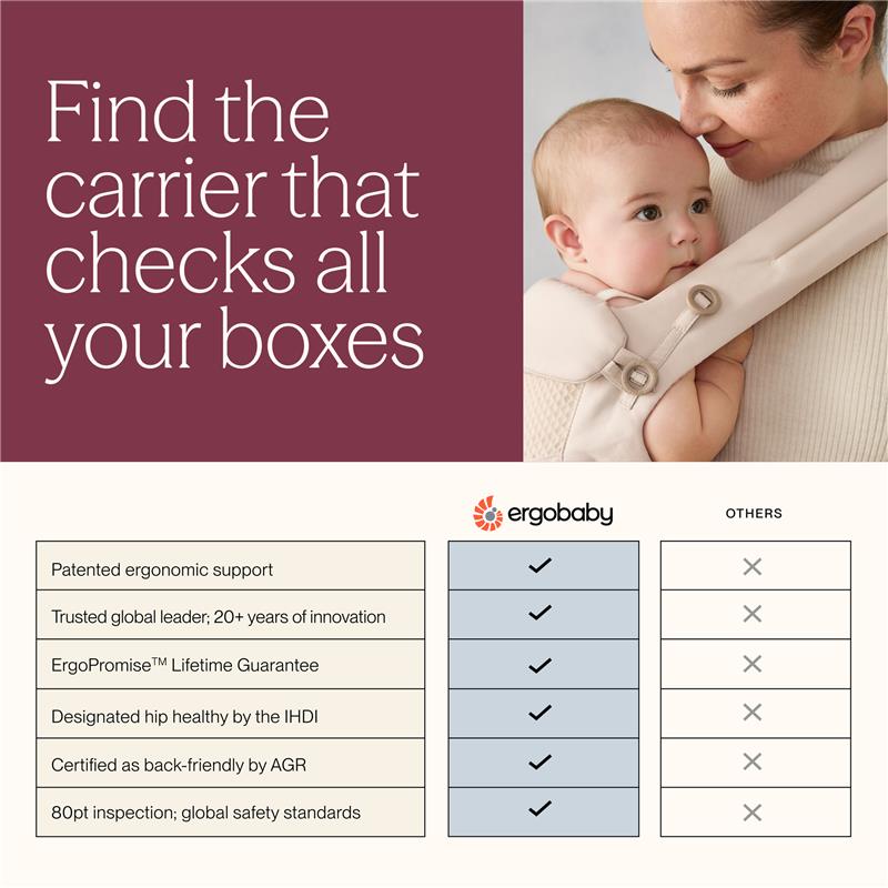 Ergobaby Embrace Baby Carrier in Canyon Clay, featuring a mother holding an infant, highlighting ergonomic support and safety features.