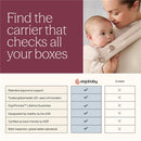 Ergobaby Embrace Baby Carrier in Canyon Clay, featuring a mother holding an infant, highlighting ergonomic support and safety features.