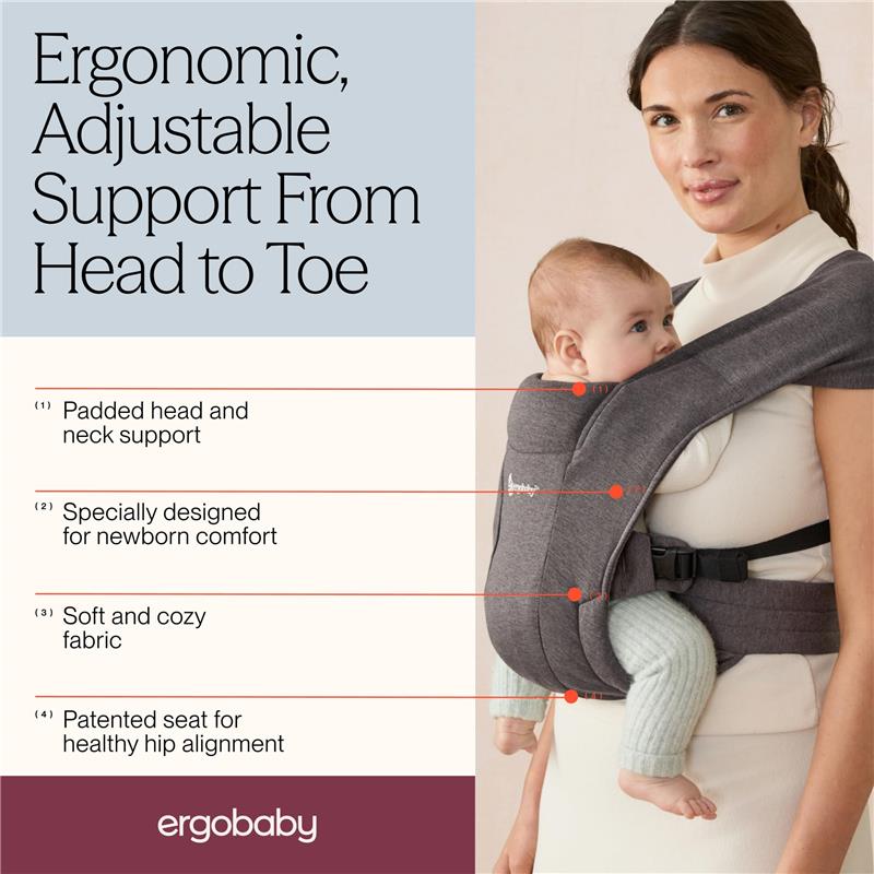 Ergobaby Embrace newborn baby carrier worn by a caregiver, showing adjustable support features and a comfort-focused design.