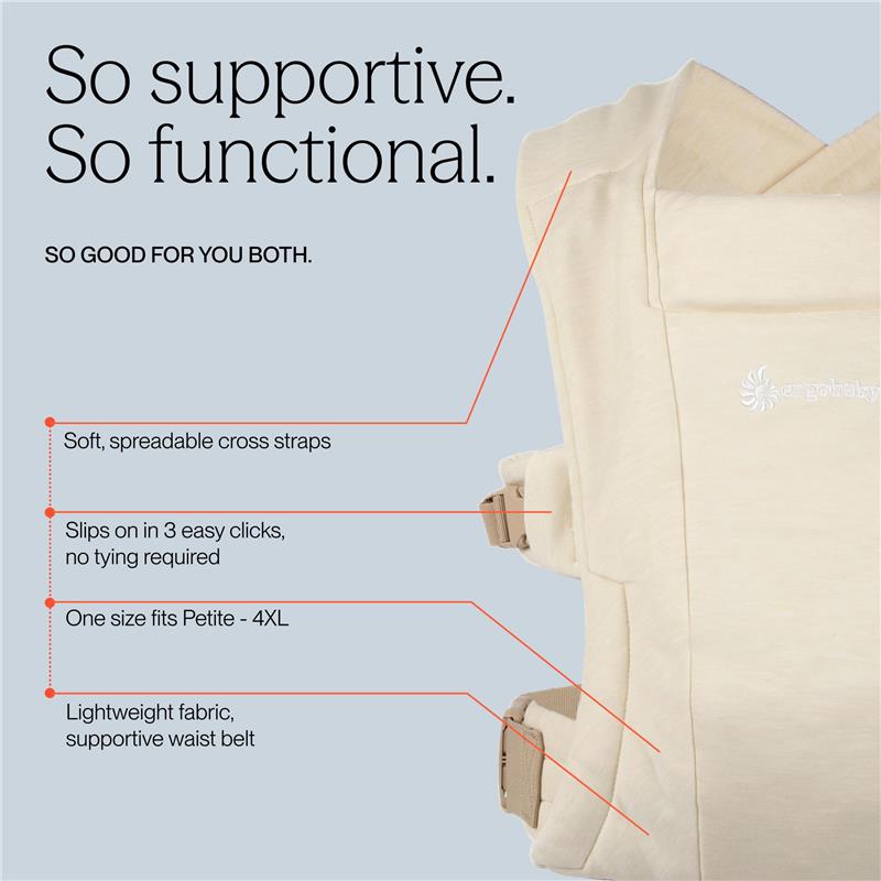 Ergobaby Embrace Newborn Baby Carrier features soft, spreadable cross straps, lightweight fabric, and a supportive waist belt.