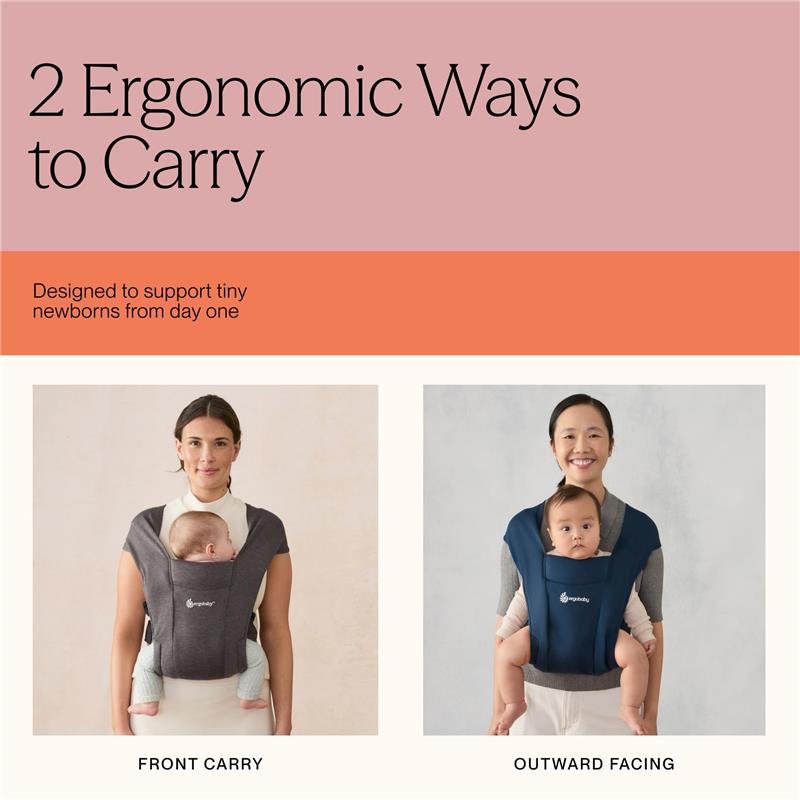 Ergobaby Embrace baby carrier shown in two carrying positions: front carry and outward facing, supporting newborns safely.