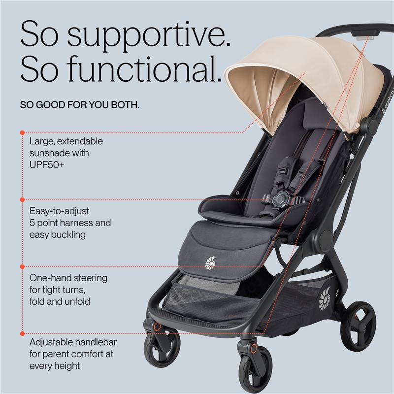 Ergobaby Metro 3 Lightweight Travel Stroller in Natural Beige, featuring a large sunshade, adjustable harness, one-hand steering, and an adjustable handlebar.