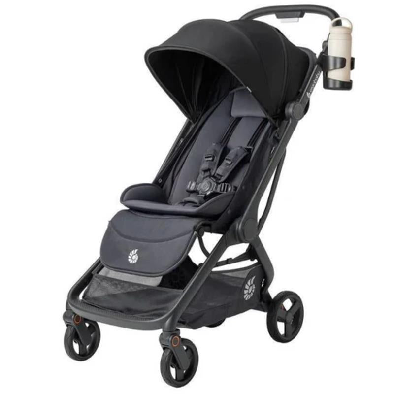 Ergobaby Metro 3 stroller in black, featuring a cupholder, harness system, and canopy for shade.