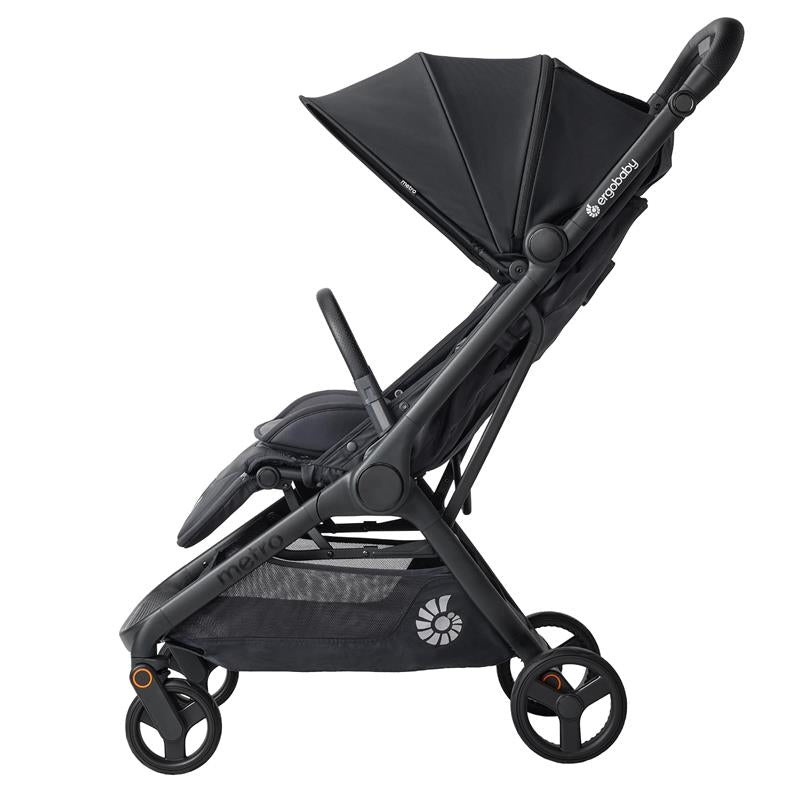 Ergobaby Metro 3 stroller in black, featuring a collapsible canopy, adjustable seat, and four wheels for mobility.