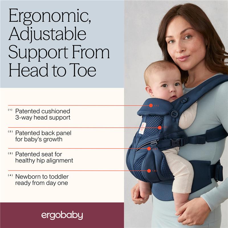 Ergobaby Omni Classic Baby Carrier in Midnight Blue, featuring adjustable head support, healthy hip alignment, and suitable for newborns to toddlers.
