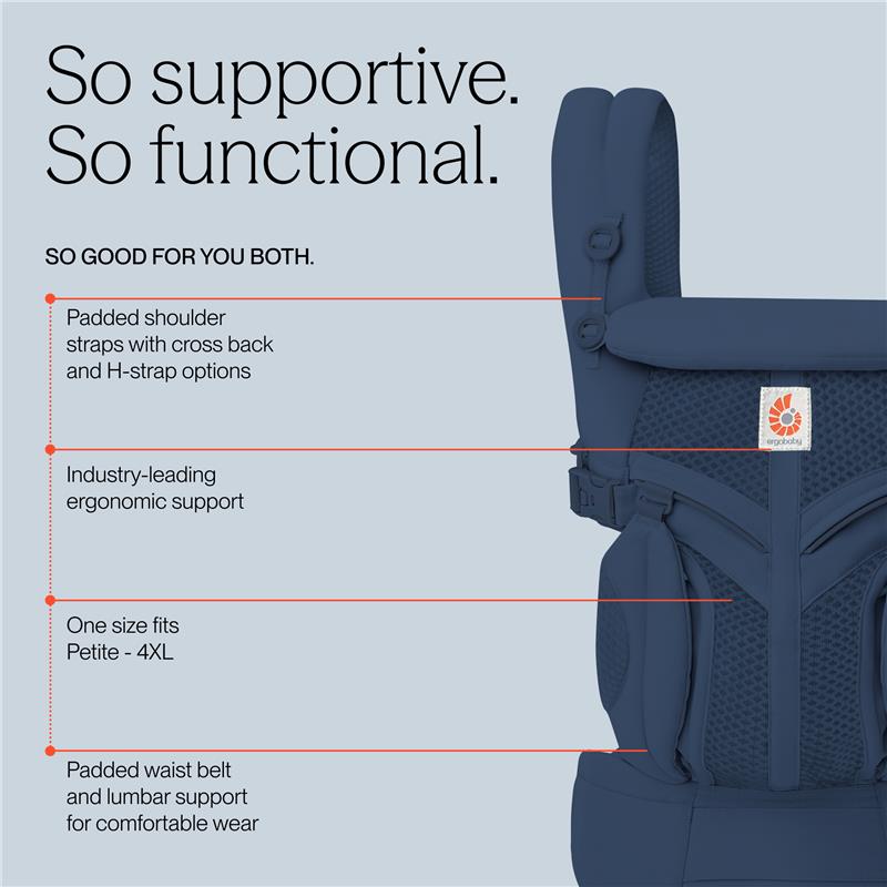 Ergobaby Omni Classic Baby Carrier in Midnight Blue, featuring padded shoulder straps, ergonomic support, and a padded waist belt.