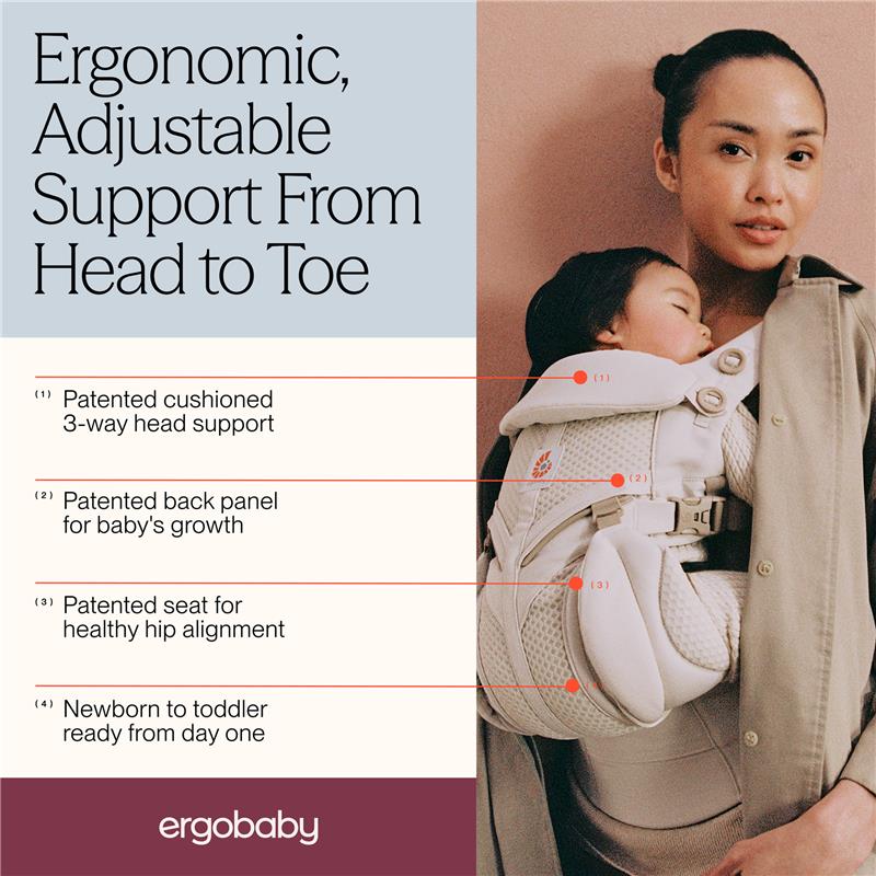 Ergobaby Omni Classic Baby Carrier in natural beige, modeled by a woman holding a sleeping baby, highlighting key features.