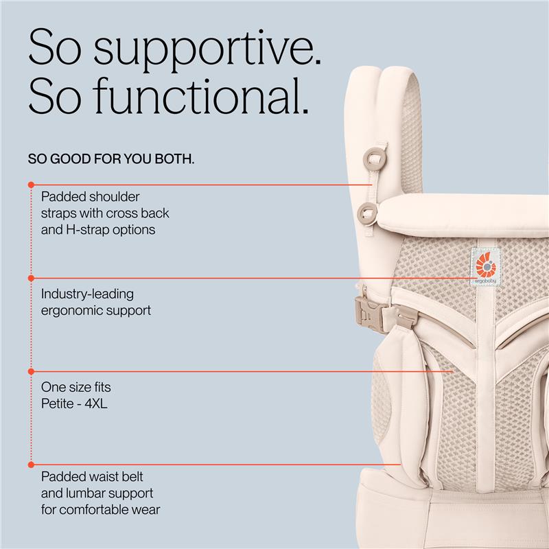 Ergobaby Omni Classic Baby Carrier in Natural Beige showcasing adjustable padded straps and lumbar support for ergonomic comfort.
