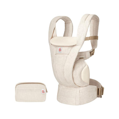 Ergobaby Omni Deluxe Baby Carrier in natural linen, featuring a cushioned seat and adjustable straps, with a detachable pouch.