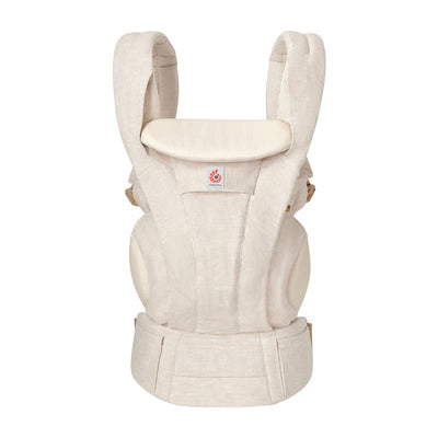 Ergobaby Omni Deluxe Baby Carrier in natural linen, designed for newborns to toddlers, featuring adjustable straps and a supportive seat.