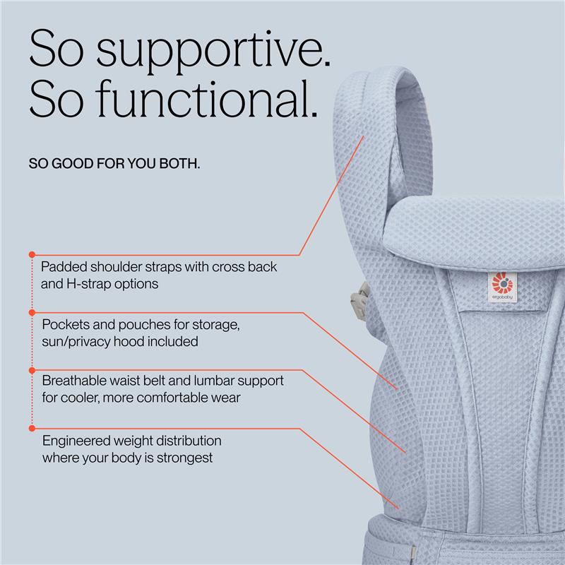 Ergobaby Omni Deluxe Mesh Baby Carrier in Serene Blue, highlighting padded straps, pockets, and breathable waist belt.