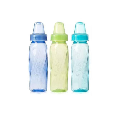 Evenflo Feeding 3-pack of classic tinted plastic bottles, 8 oz, in blue, green, and turquoise colors.