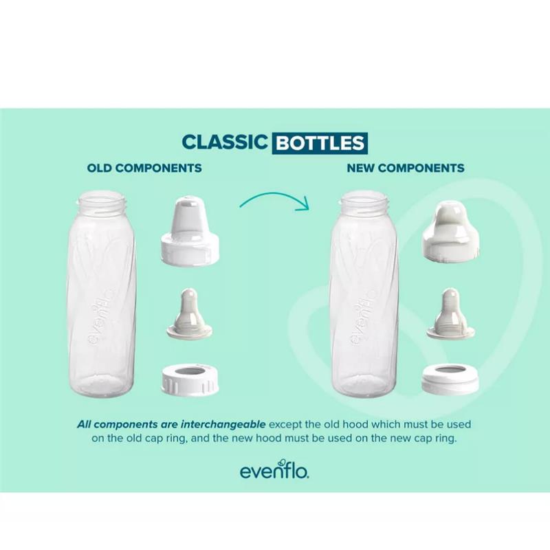 Evenflo Feeding 3Pk Classic neutral-colored plastic bottles, 8 oz, showcasing old and new interchangeable components.