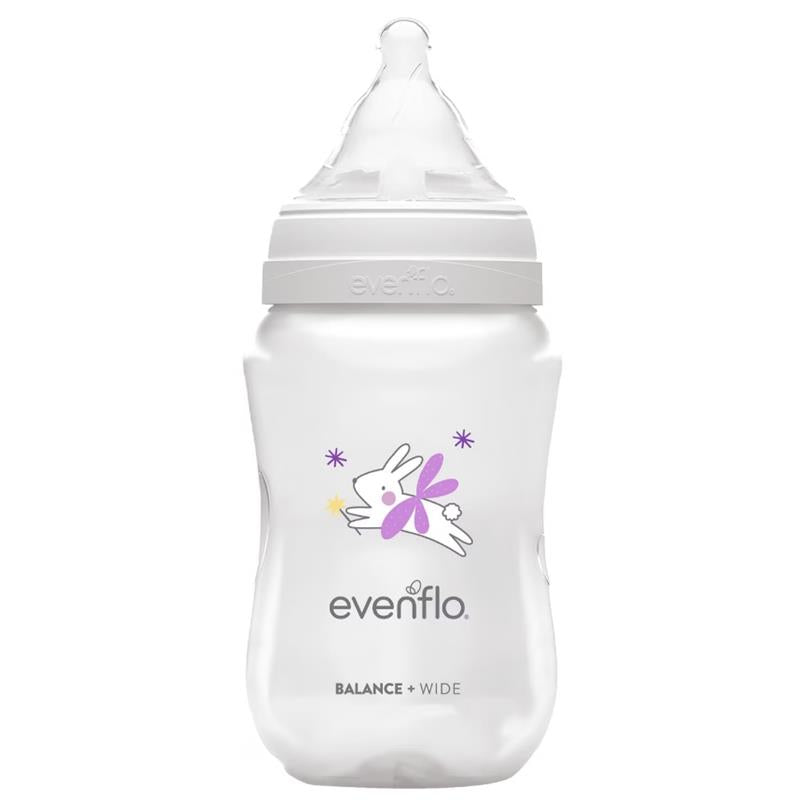 9 oz Evenflo Feeding Balance + Wide bottle featuring a cartoon bunny and purple accents, designed for comfortable feeding.